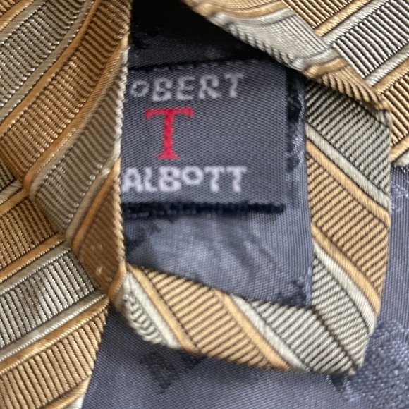 VNTG Robert Talbott Best of Class Nordstrom Gold & Taupe Stripe WIDE Silk Tie - Picture 6 of 7